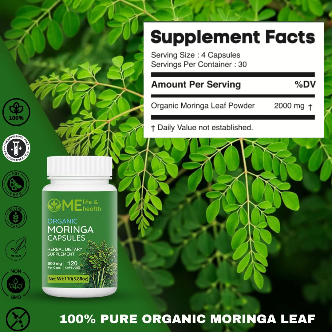 Étiquette bio ME LIFE & HEALTH moringa sur la bouteille