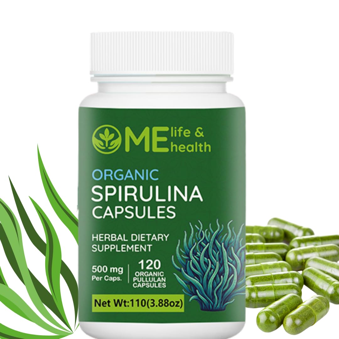 ME LIFE & HEALTH spiruline capsules dans la bouteille, source de protéines végétales et vitamines.
