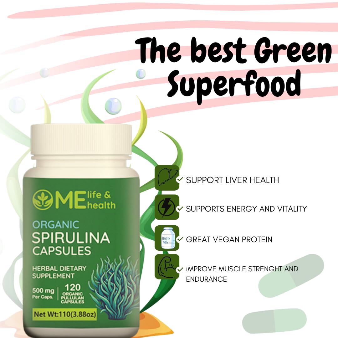 Spiruline ME LIFE & HEALTH, emballage et etiquette montrant la traçabilité et la pureté.