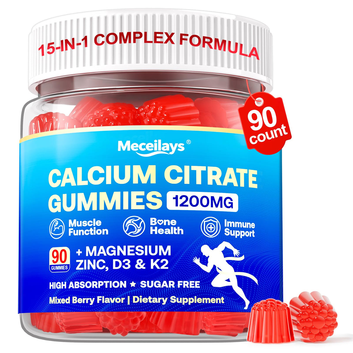 Gommes Meceilays Calcium Citrate en bouteille soutenant les os.