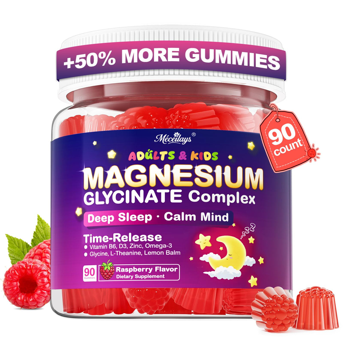 Gommes Meceilays magnésium glycinate, bouteille framboise, soutien potentiel au sommeil