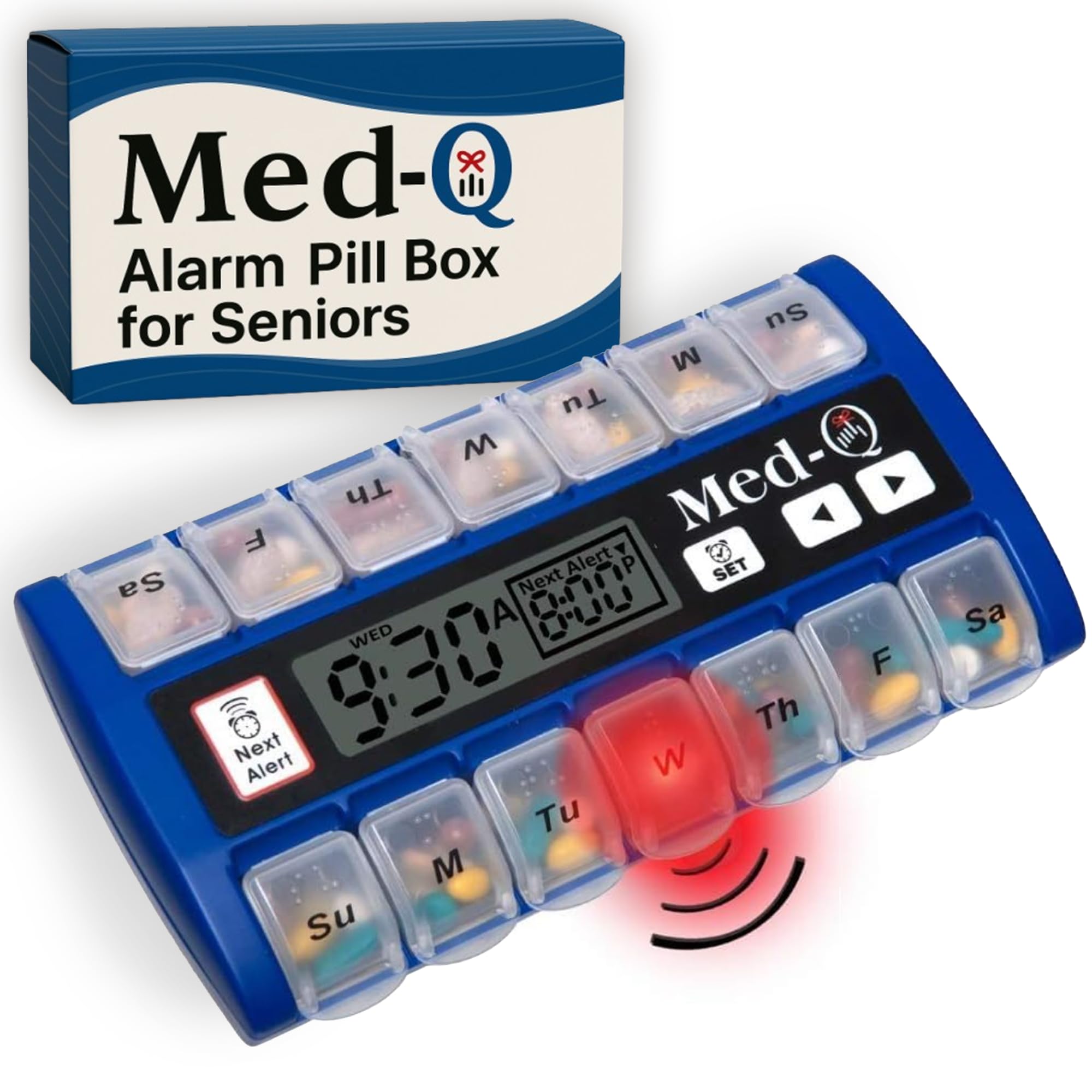 Med-Q boîtier-pilules numérique avec alarmes lumineuses pour ne pas oublier.