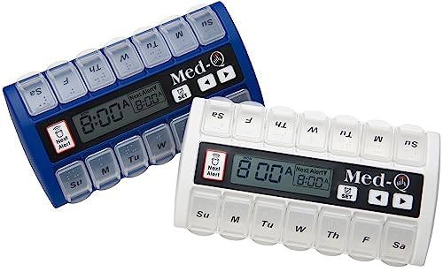 Med-Q organiseur hebdomadaire de pilules avec alarme bleu, pratique pour rester à l heure.