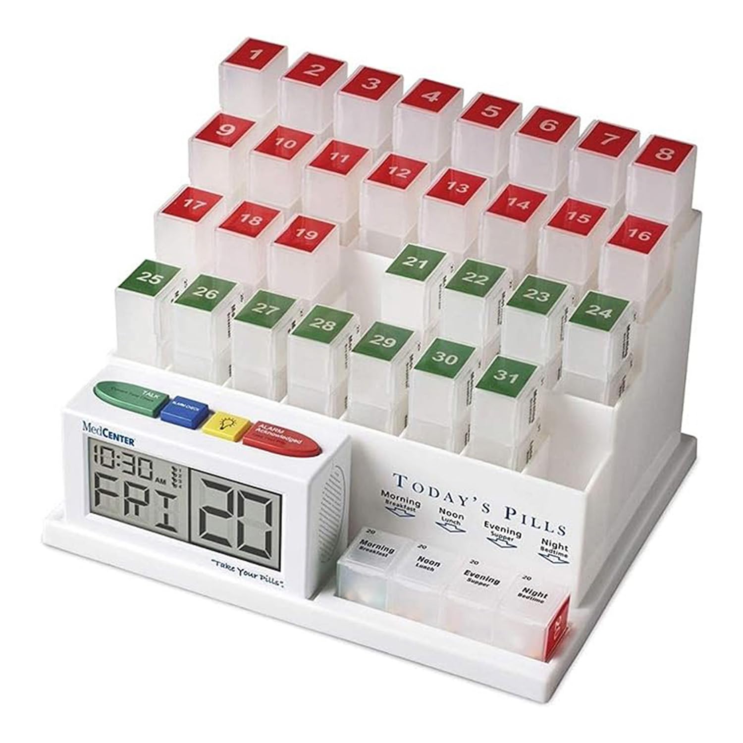 Medcenter organisateur mensuel de pilules avec quatre compartiments pour chaque dose.