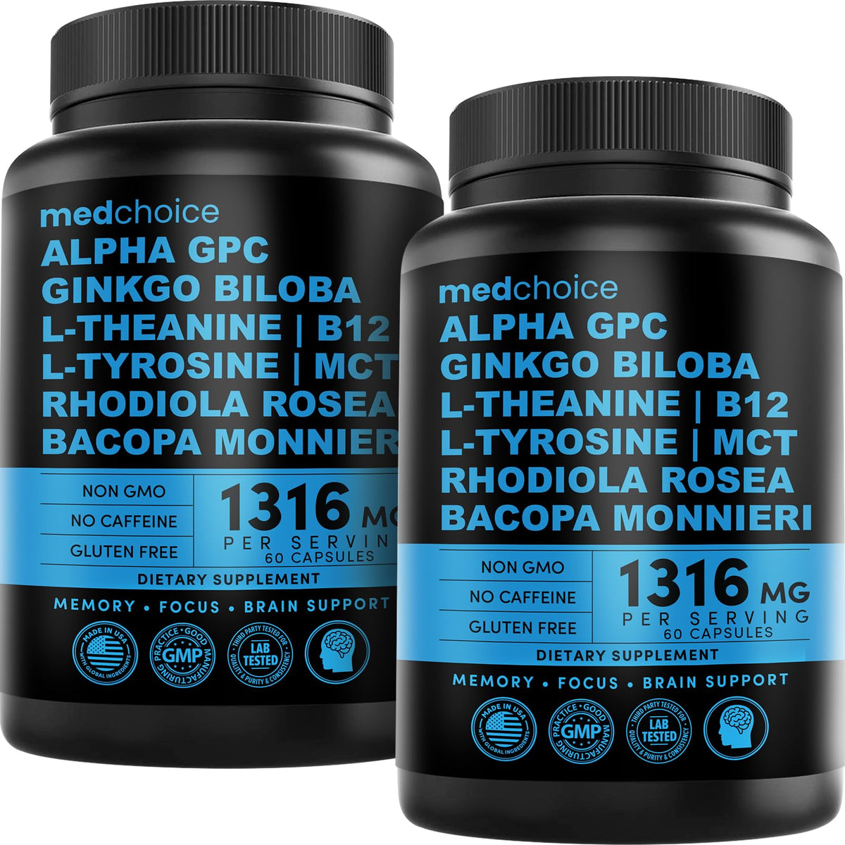 MedChoice 12-en-1 nootropique, bouteille pratique pour le soutien cérébral quotidien.