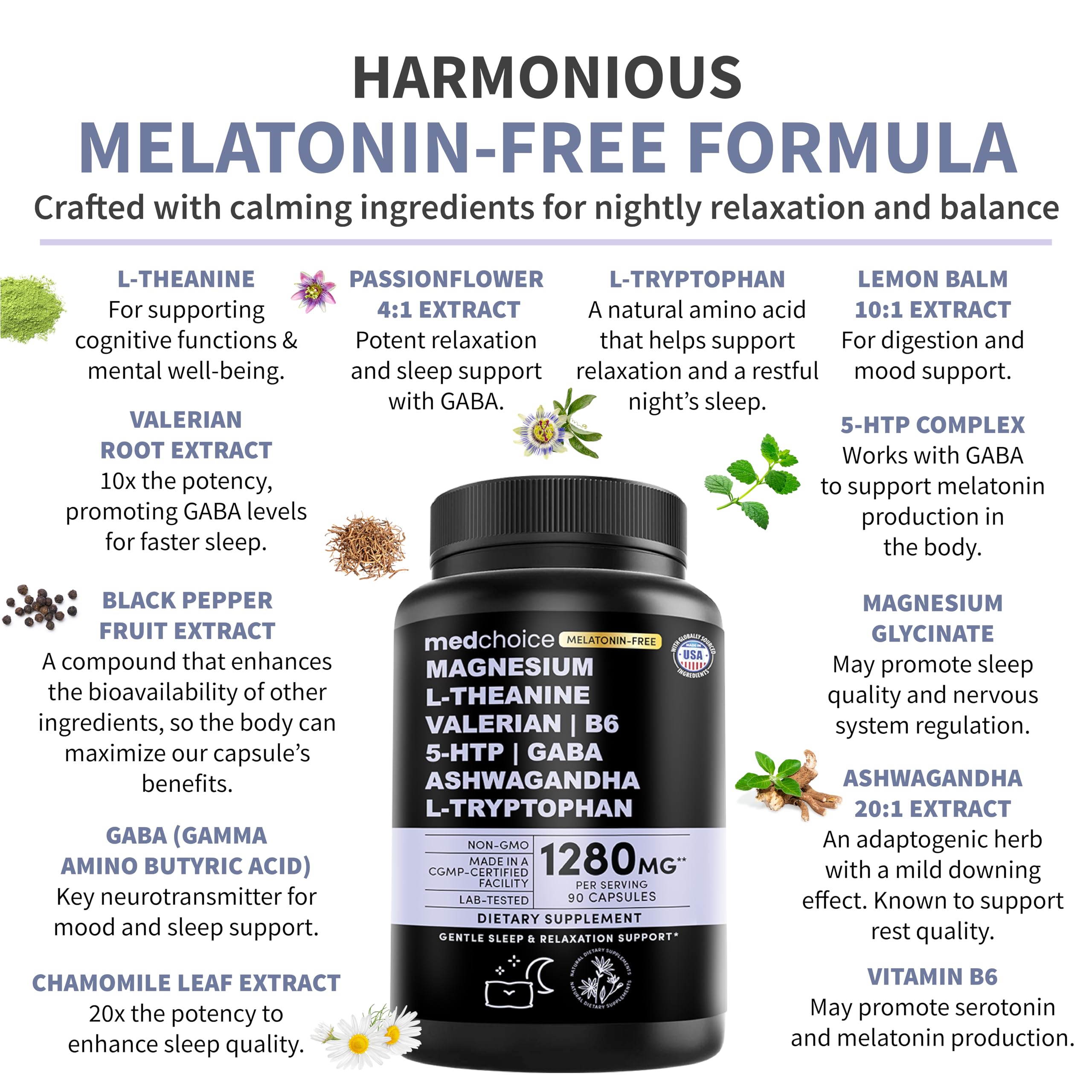 MEDCHOICE capsules magnesium-ashwagandha-tryptophane, ingrédients naturels pour détente nocturne.