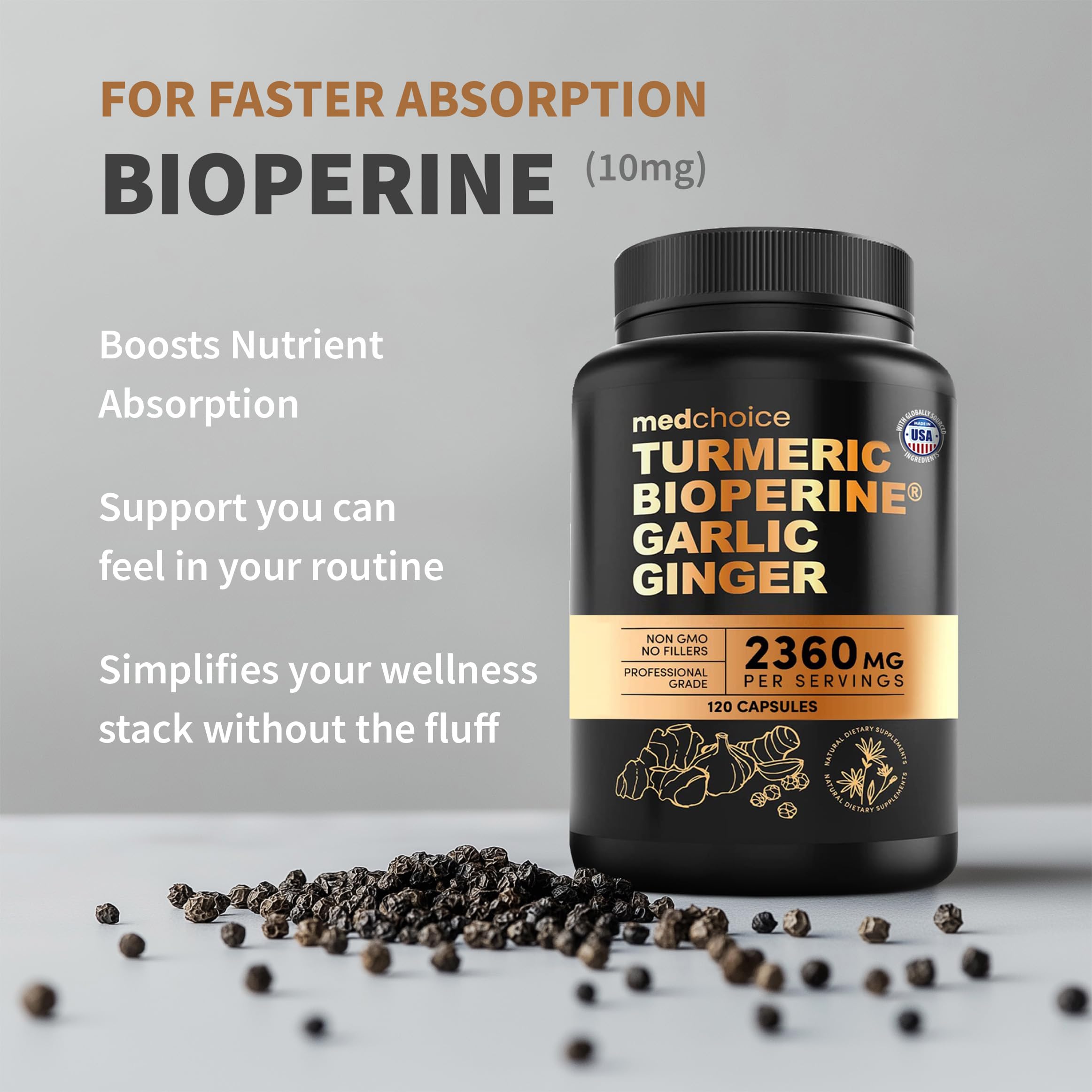 Mélange Curcuma-Ail-Gingembre BioPerine, formulation naturelle et polyvalente.
