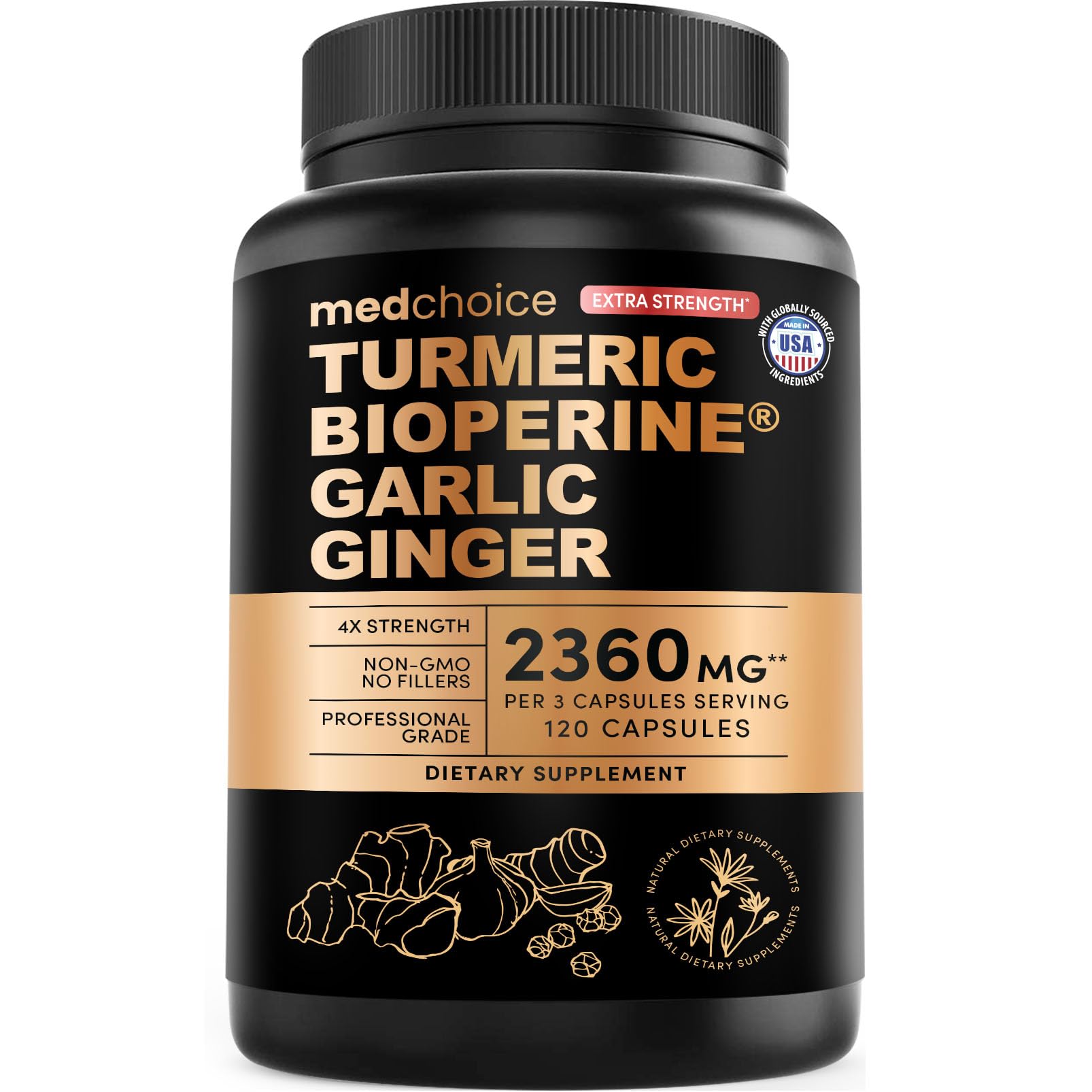 MEDCHOICE Curcuma Extra Force : bouteille montrant les capsules faciles à avaler pour votre routine.