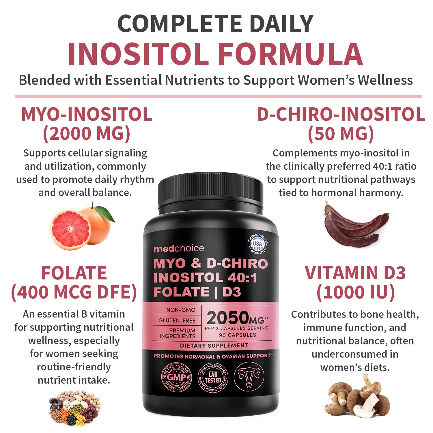 Myo-Inositol 40:1 MEDCHOICE – capsules faciles à avaler pour le soutien hormonal féminin.