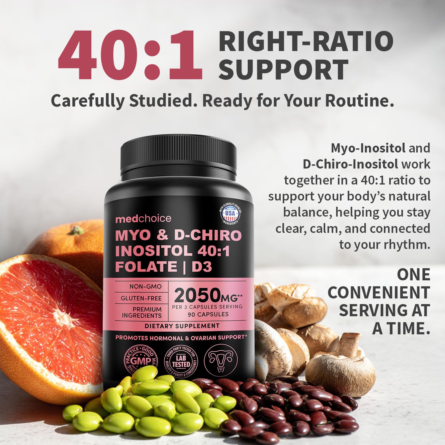 Myo-Inositol 40:1 MEDCHOICE – vue d'ensemble de l'emballage et des capsules.