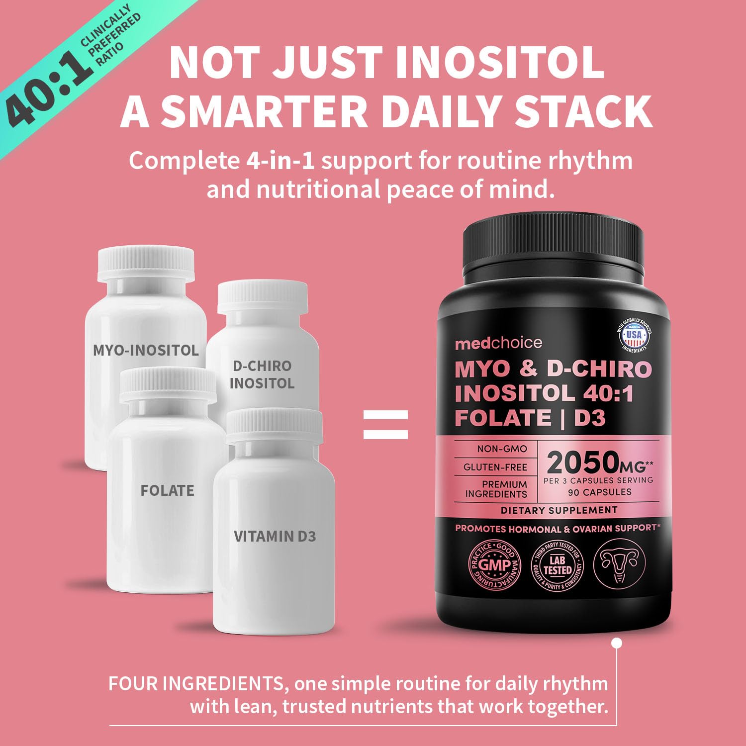 Myo-Inositol 40:1 MEDCHOICE – étiquette claire facilitant le suivi du dosage quotidien.