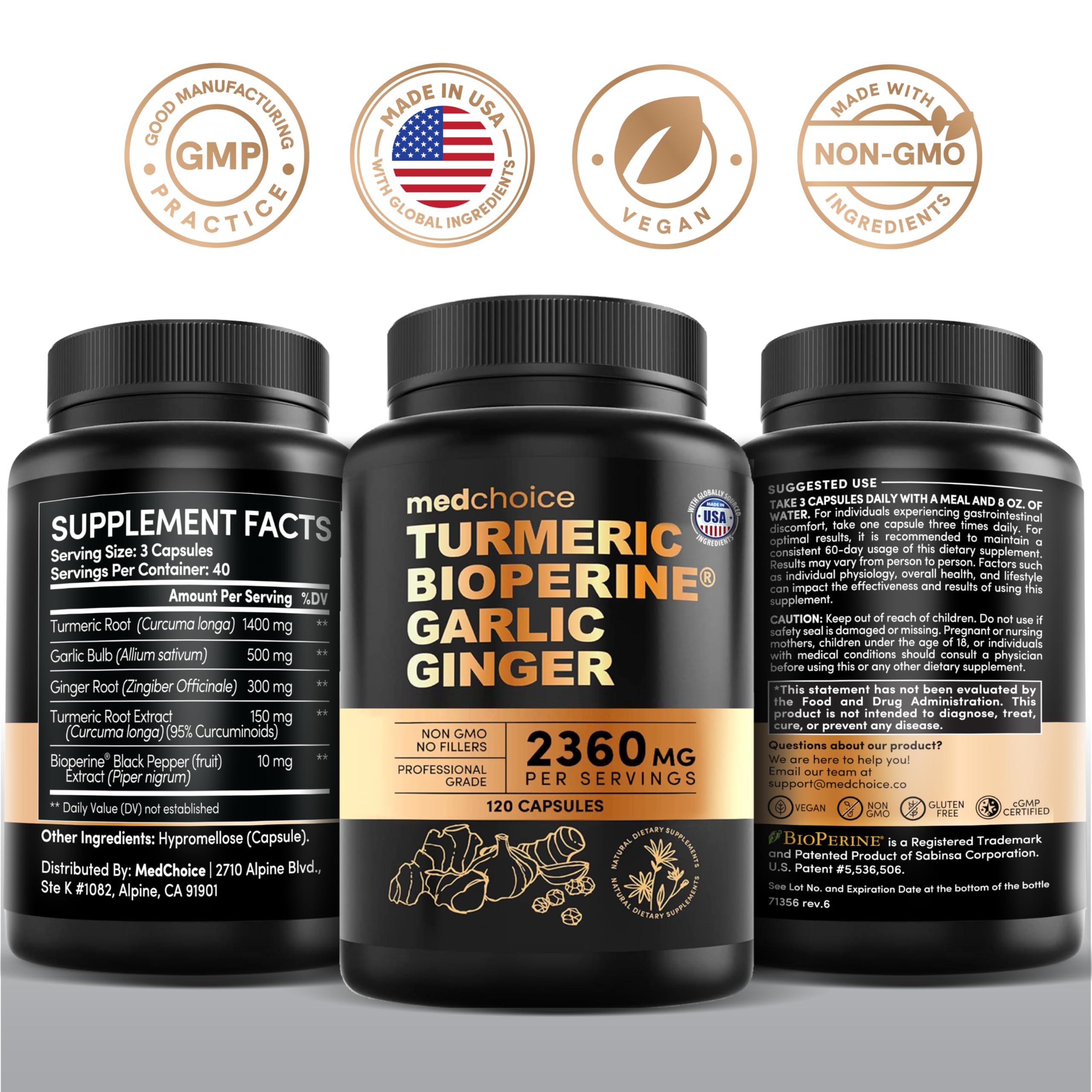 Pack double MEDCHOICE Curcuma-Ail-Gingembre BioPerine, économie et simplicité.