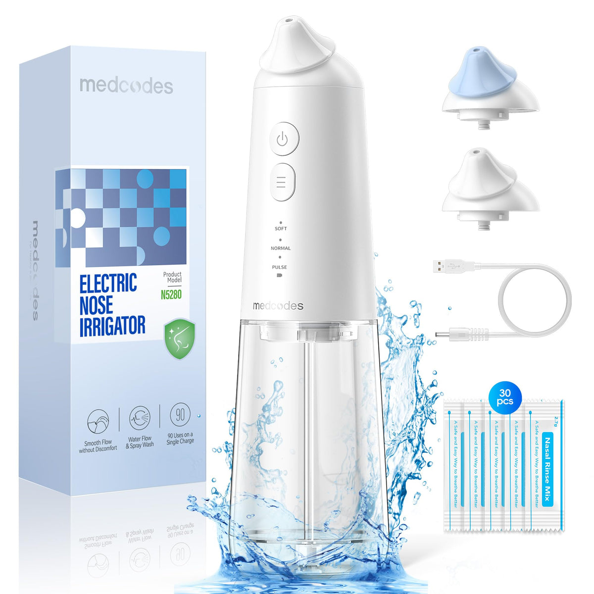 Medcodes irrigation nasale électrique avec embout adulte pour un rinçage efficace