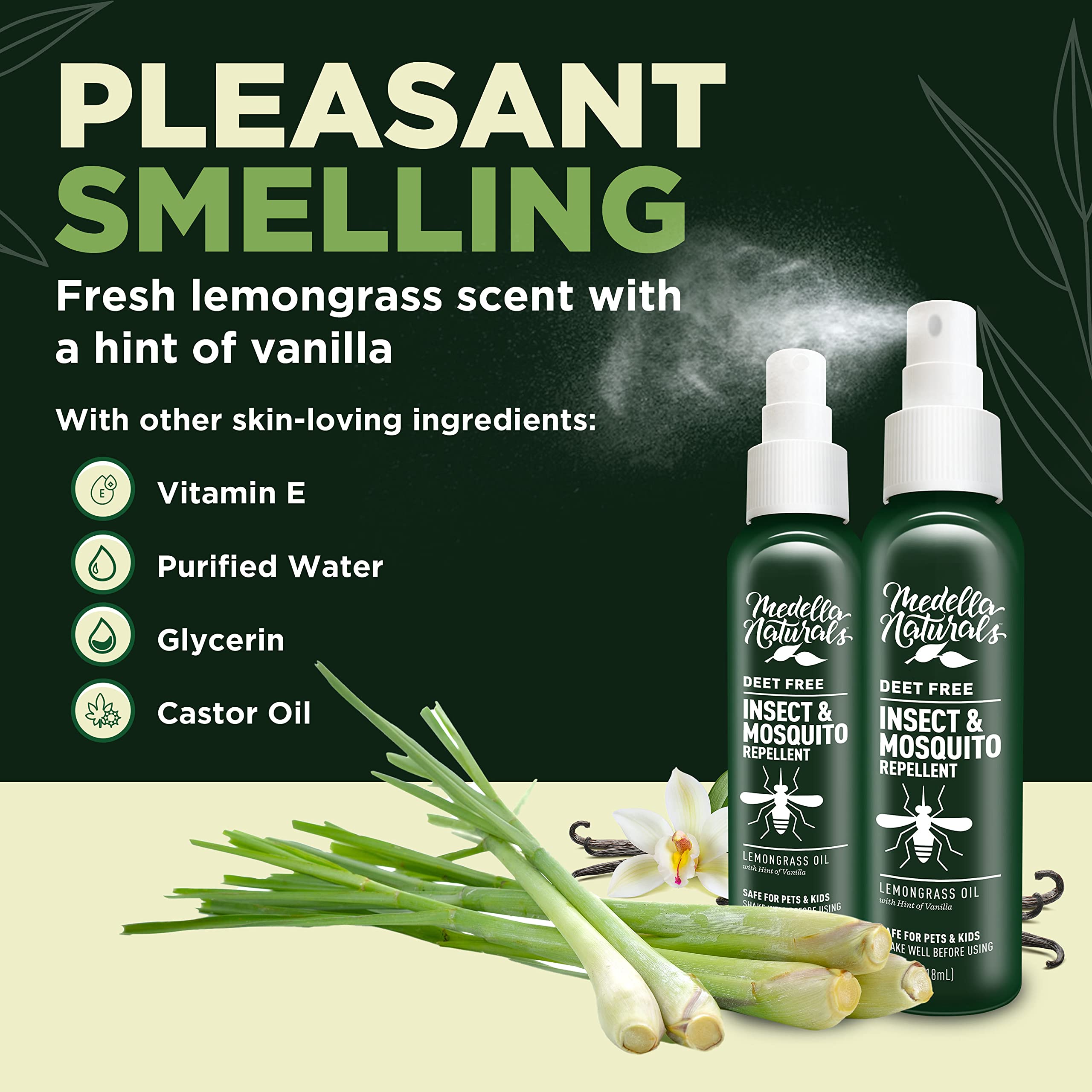 Flacon Medella Naturals, senteur citronnelle et vanille agréable.