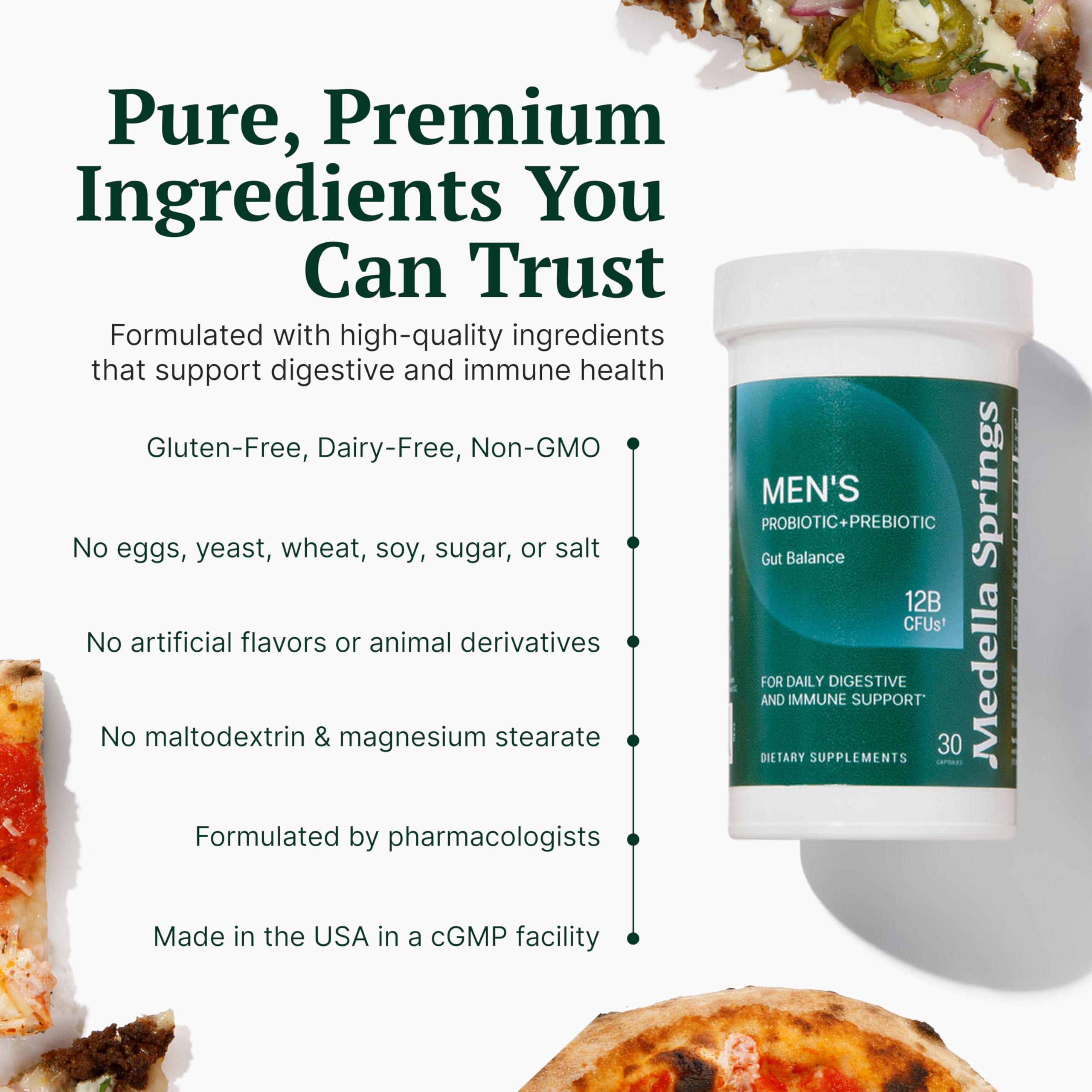 Medella Naturals Probiotiques pour Hommes, étiquette sans OGM, choix sain et clair.