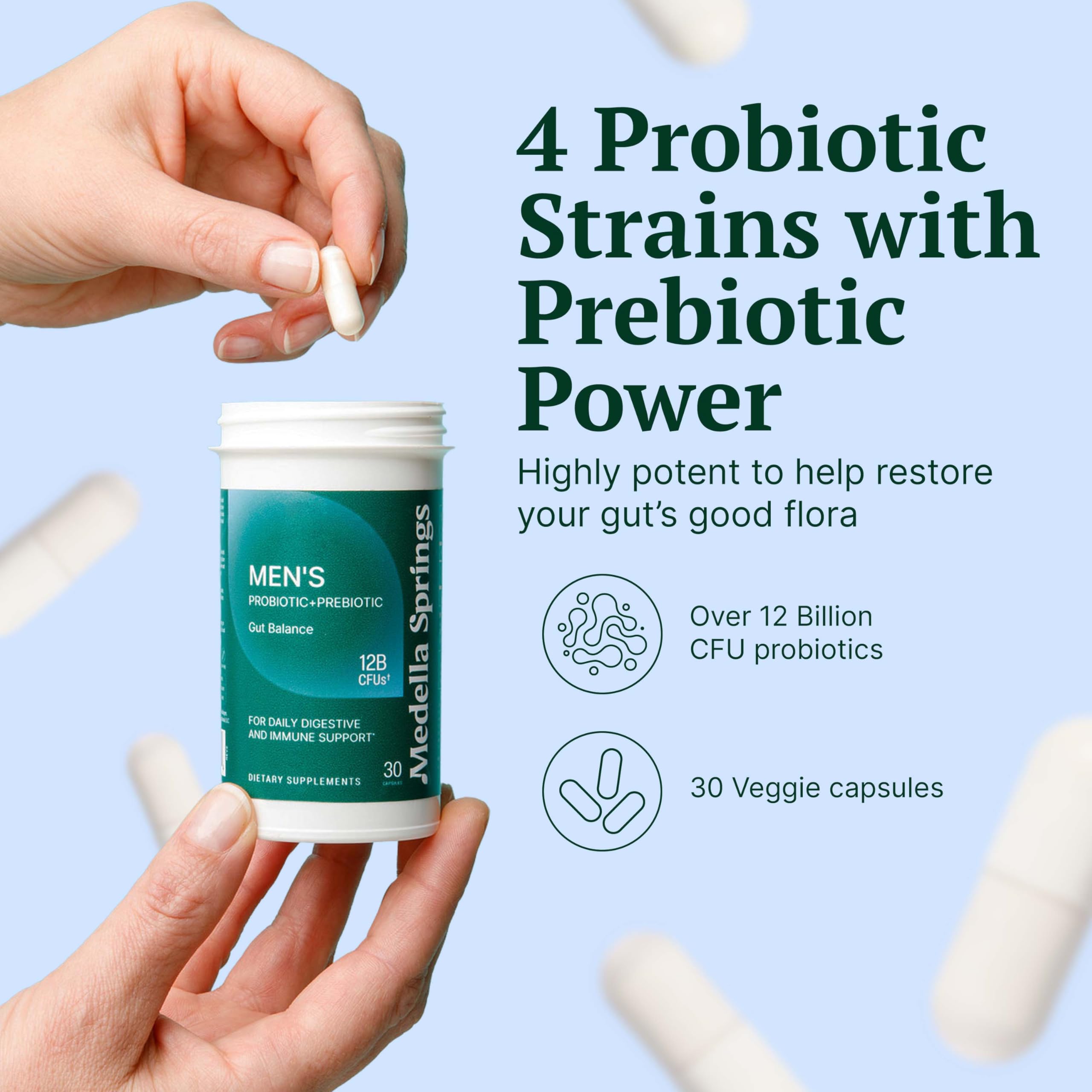 Medella Naturals Probiotiques pour Hommes, gélules visibles, facilité d’intégration au rituel matinal.