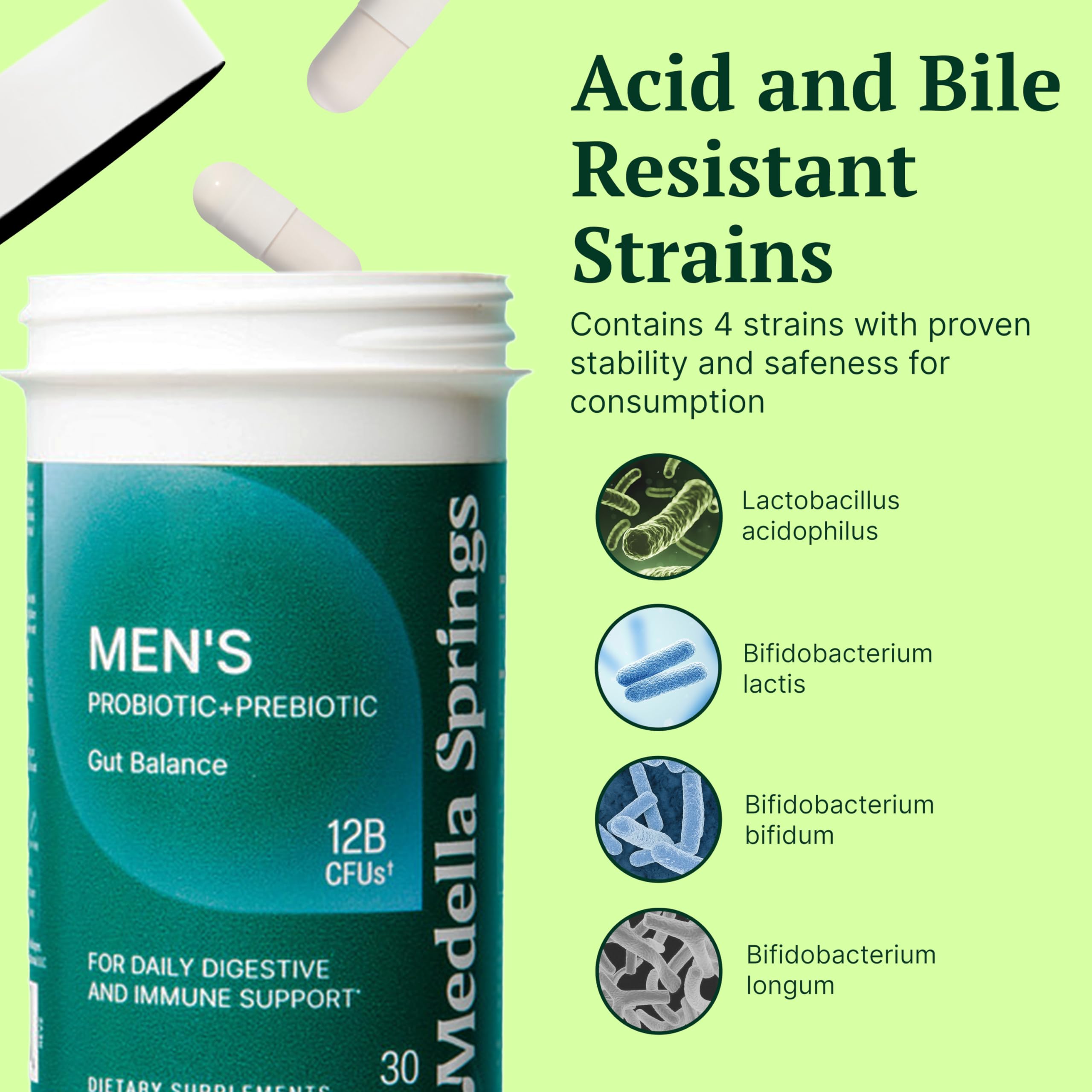 Medella Naturals Probiotiques pour Hommes, étiquette USA, fabrication fiable et traçabilité.