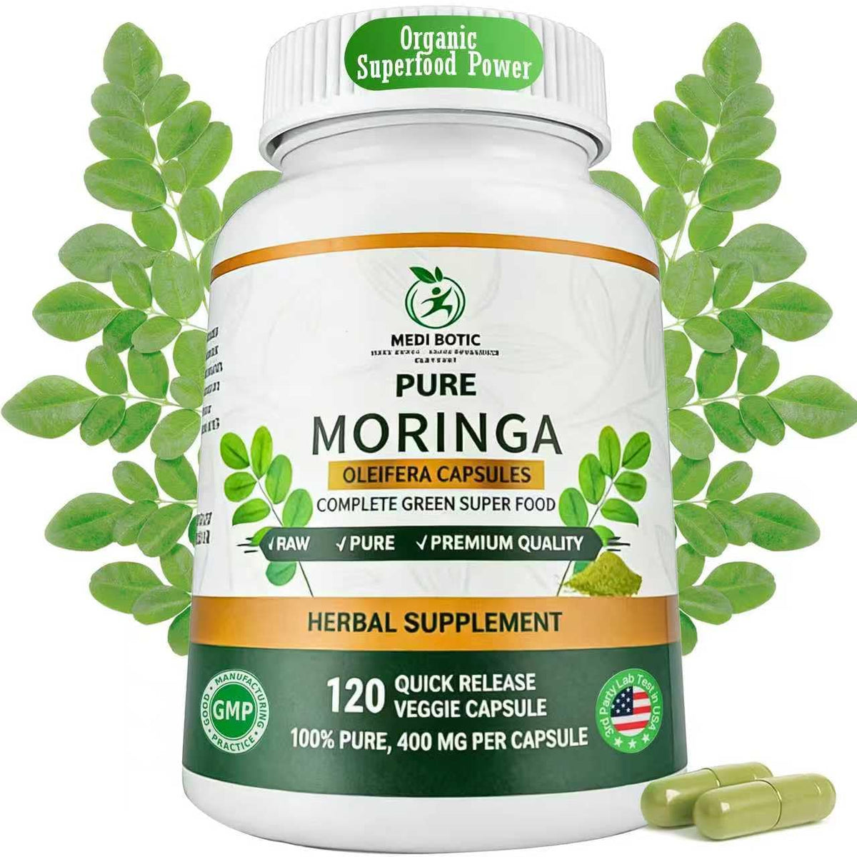 MEDI BOTIC Capsules Moringa 800mg en bouteille, soutien énergie naturelle.