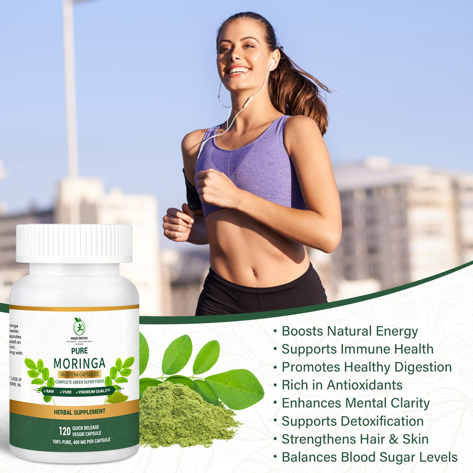 MEDI BOTIC emballage Moringa 800mg, informations claires sur la pureté.