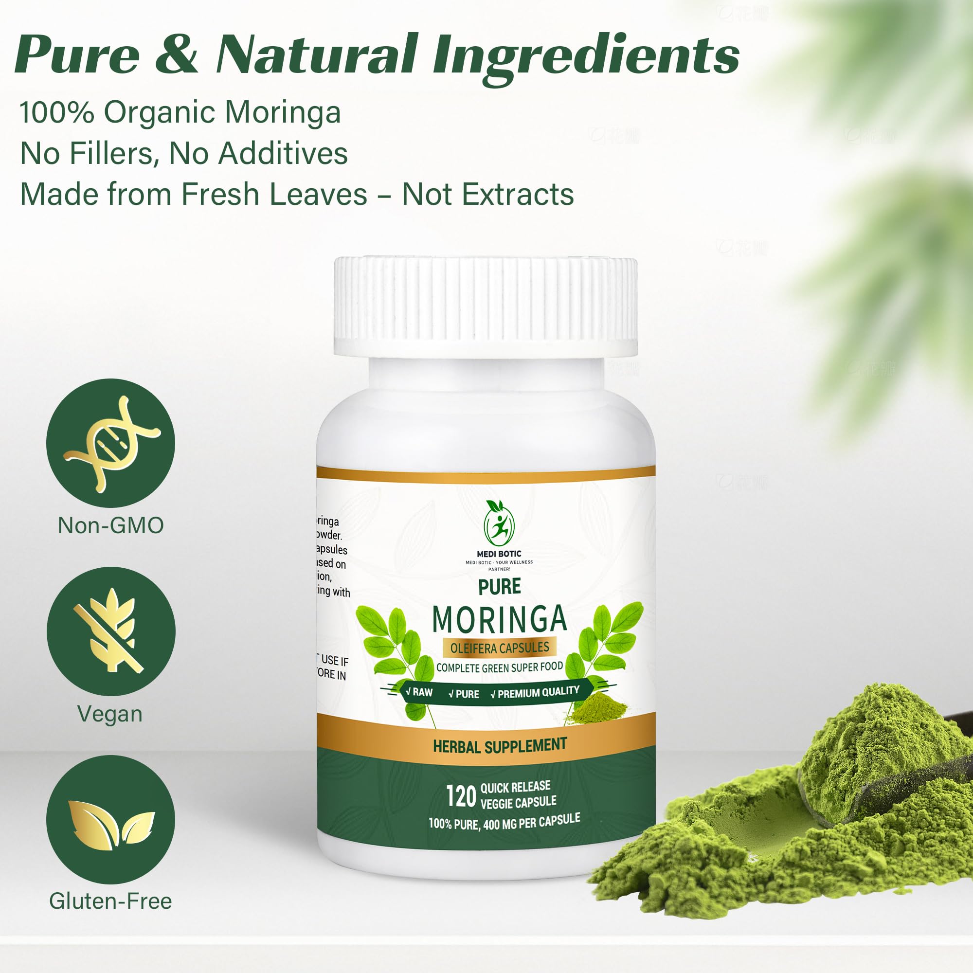 MEDI BOTIC feuilles moringa, source naturelle de nutriments et antioxydants.