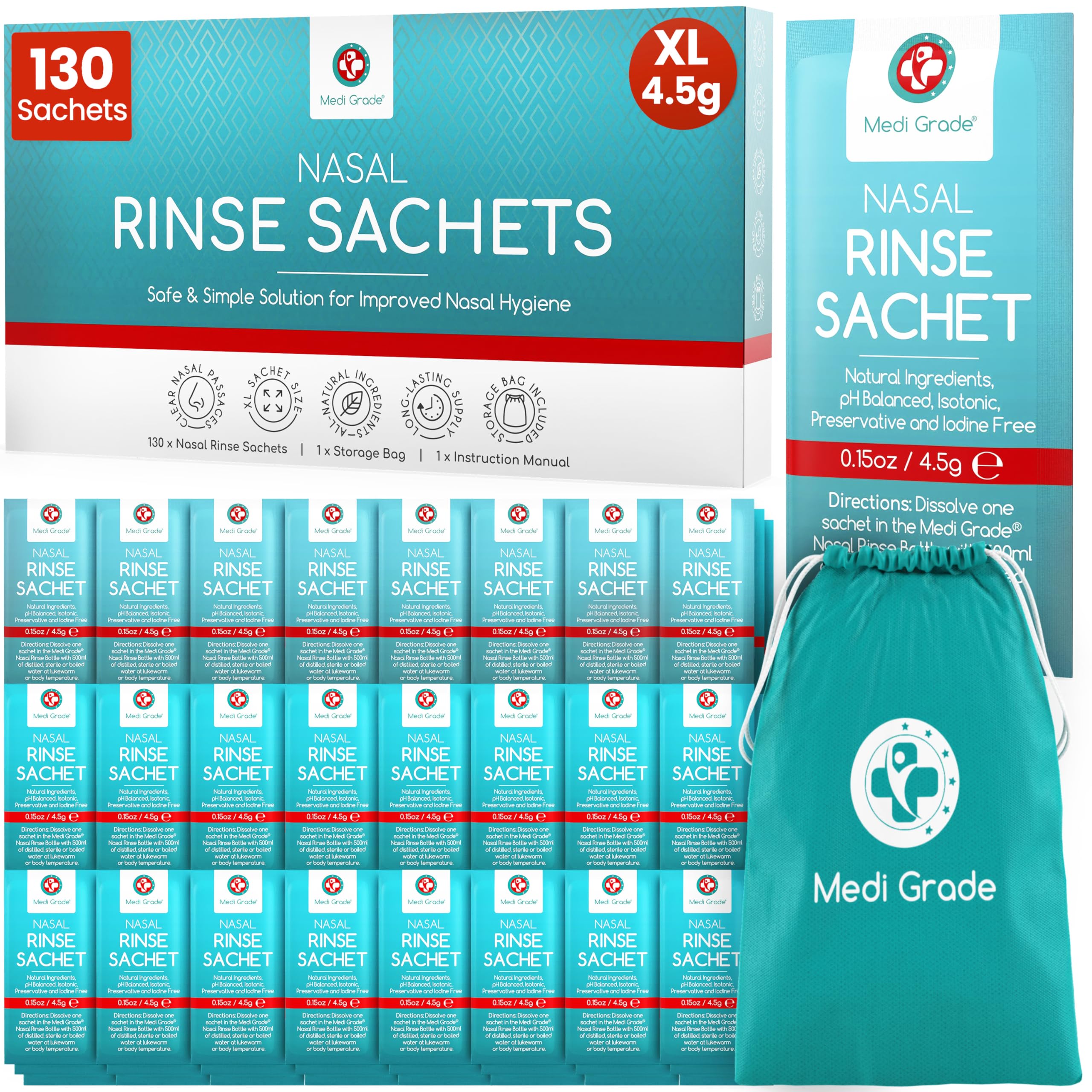 Sachet Medi Grade Rinçage Sinusal 130 prêt à l’emploi pour une hygiène nasale facile.
