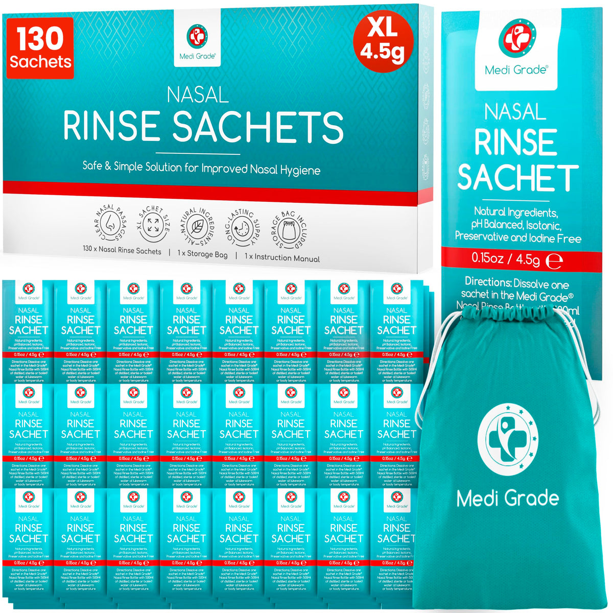 Sachet Medi Grade Rinçage Sinusal 130 prêt à l’emploi pour une hygiène nasale facile.