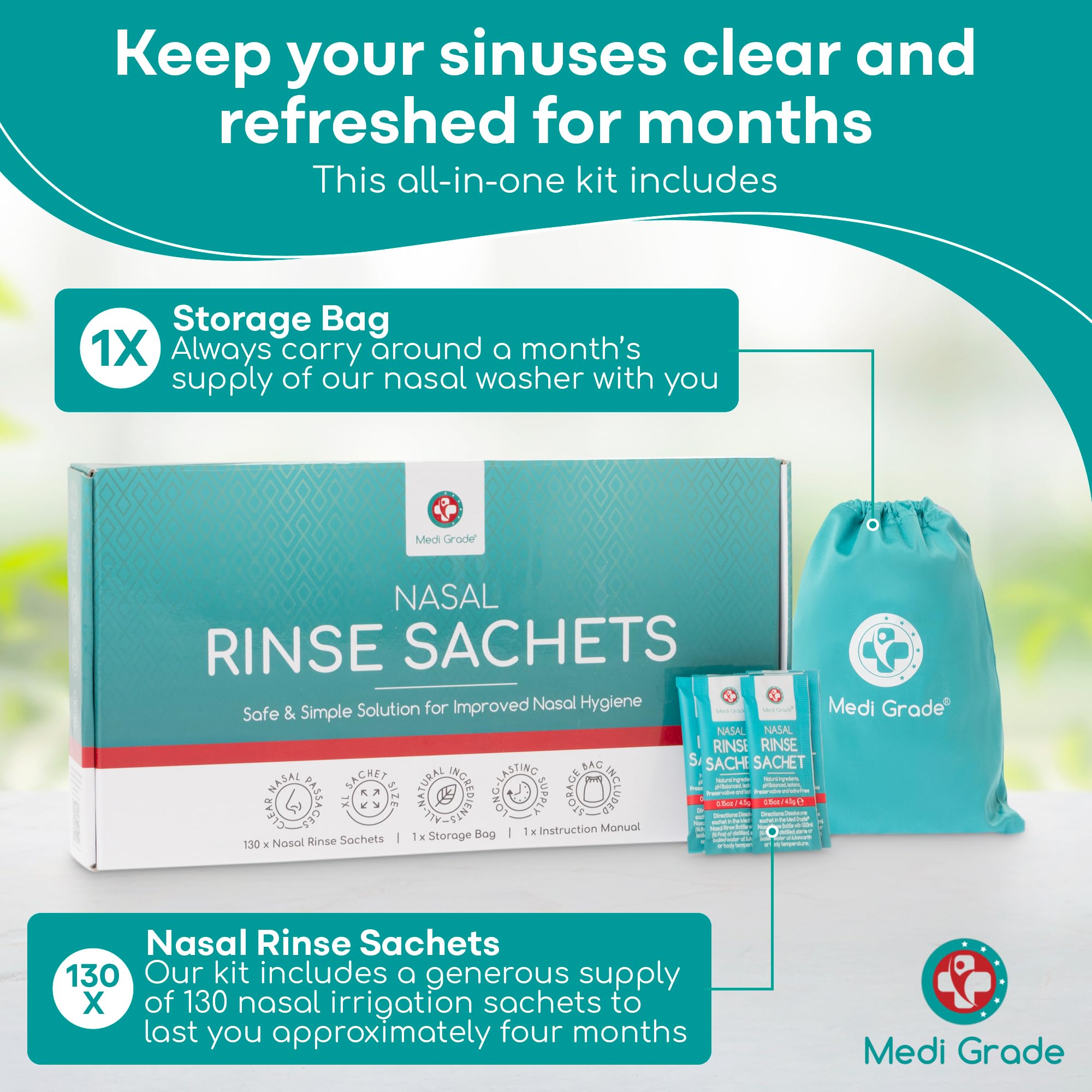 Sachets Rinçage Sinusal isotoniques et pH équilibré pour une douceur d’utilisation.