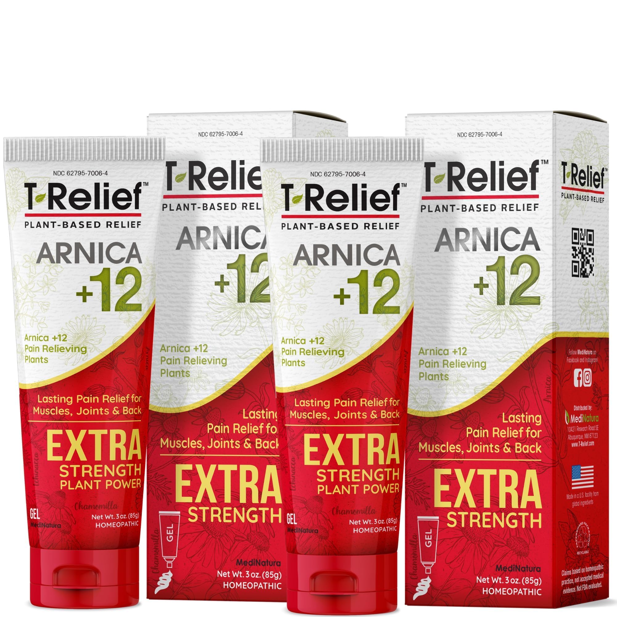 MediNatura T-Relief Gel Arnica, bouteille 3 oz, action rapide.