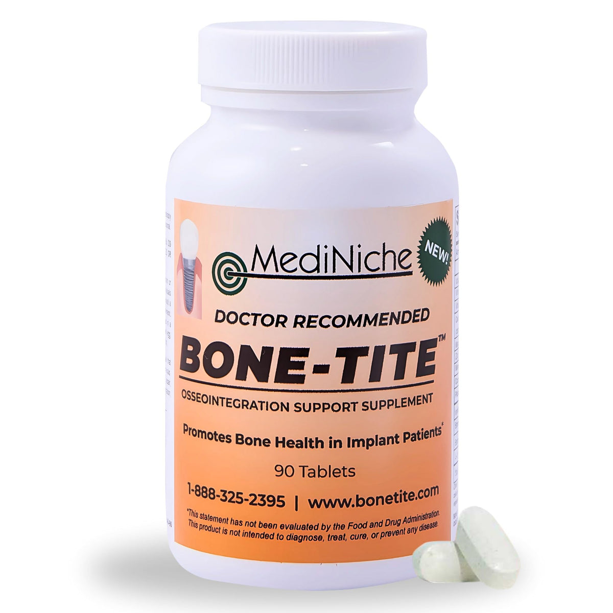 MediNiche Bone-Tite : bouteille et emballage, soutien nutritionnel potentiel pour implants.