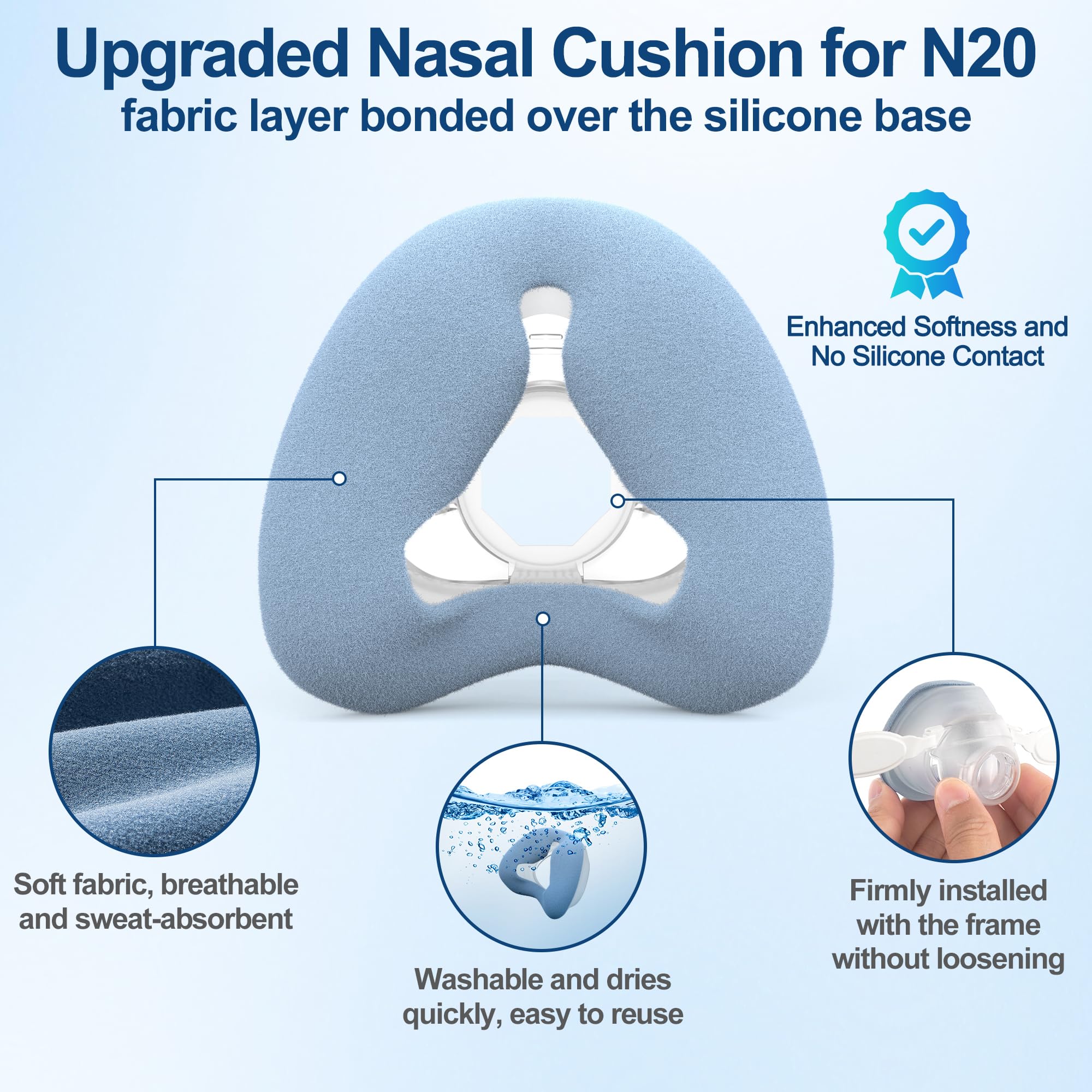 Coussin nasal MEDICOLOR N20 compatible cadre pour remplacement simple et rapide.