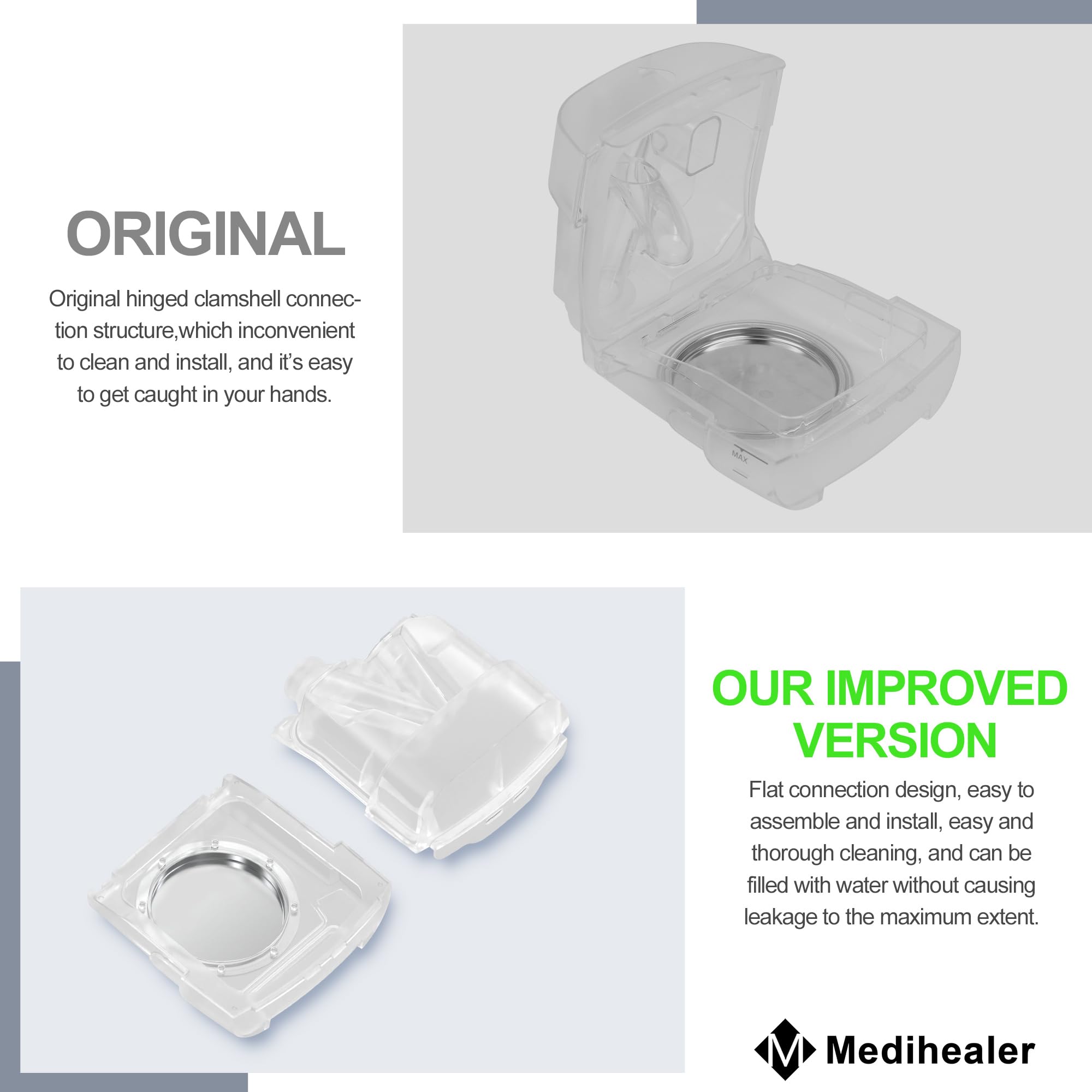 Medihealer charniere eliminee AirSense11: évite pincements et manipulation plus sûre.