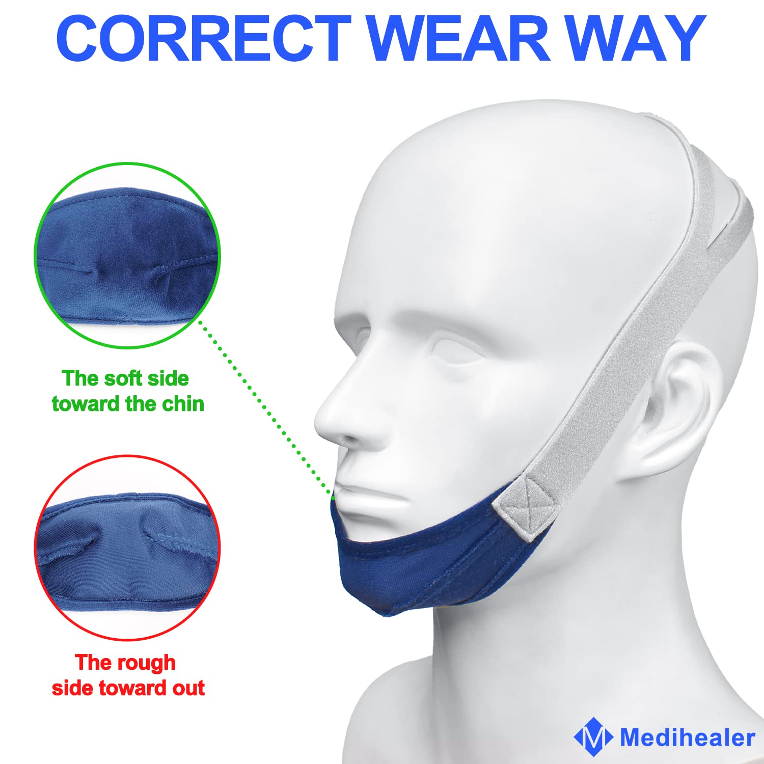 Medihealer lanière menton offrant un maintien pour garder la bouche fermée.