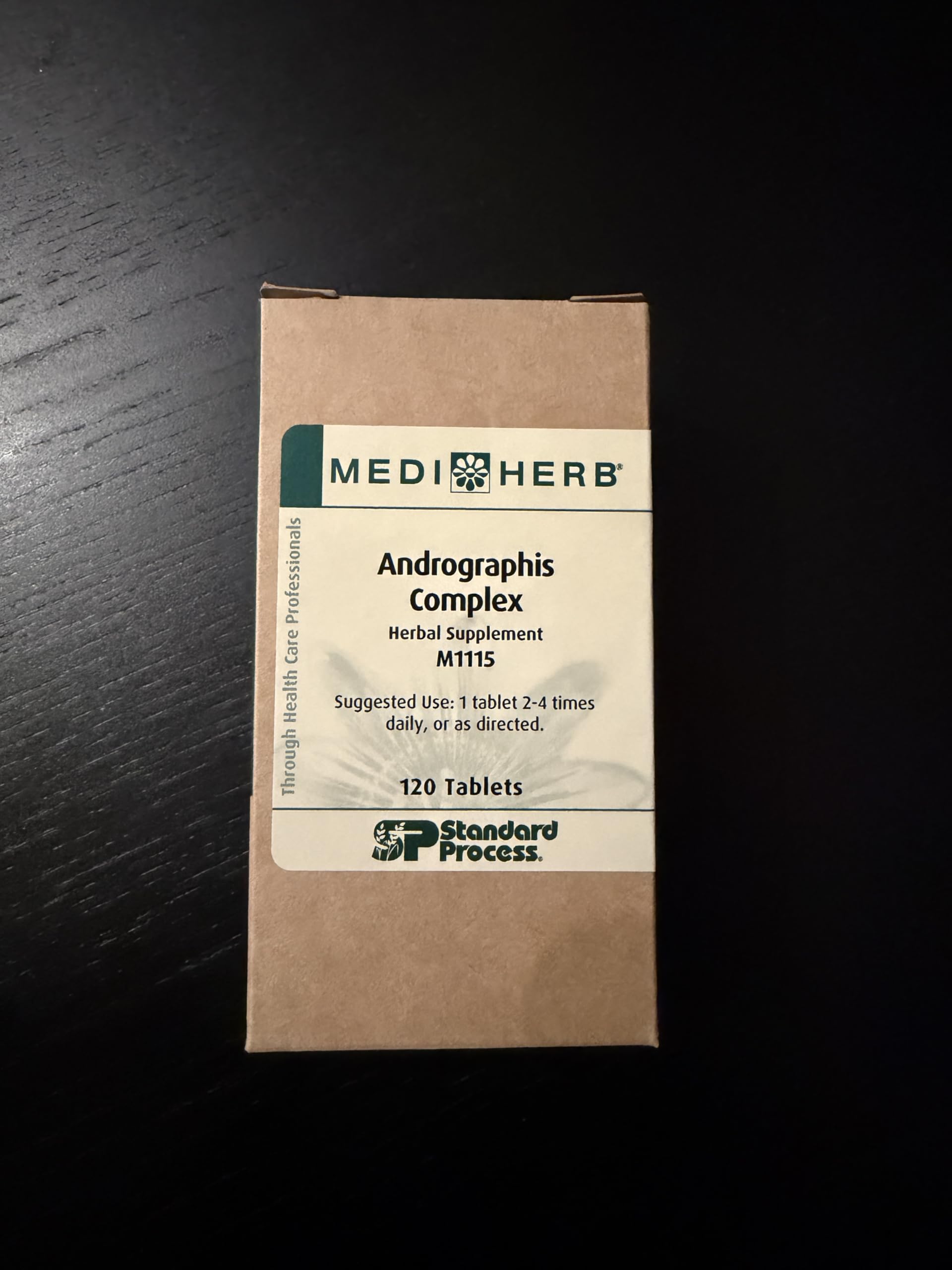 Mediherb Andrographis Complex: etiquette montrant ingrédients clés et posologie.