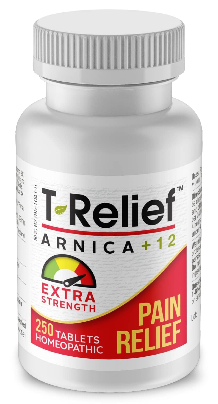 MediNatura T-Relief Arnica, bouteille de comprimés, soulagement potentiel des douleurs quotidiennes.