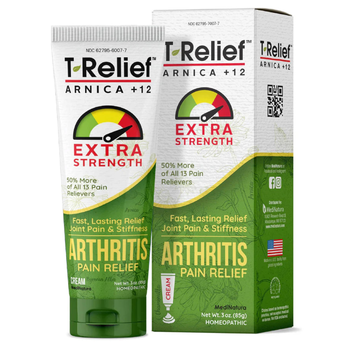 MediNatura T-Relief crème arthrite Arnica sur boîte pour un soulagement naturel.