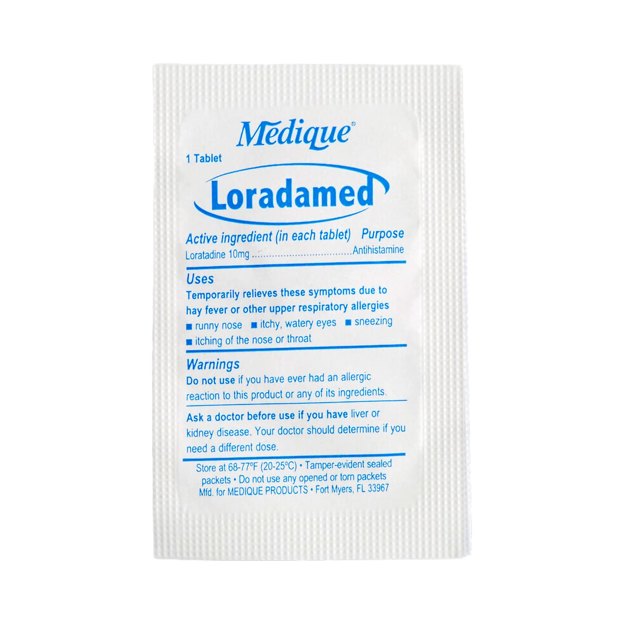 Medique Loradamed, emballage individuel, comprimés sans somnolence pour usage quotidien.