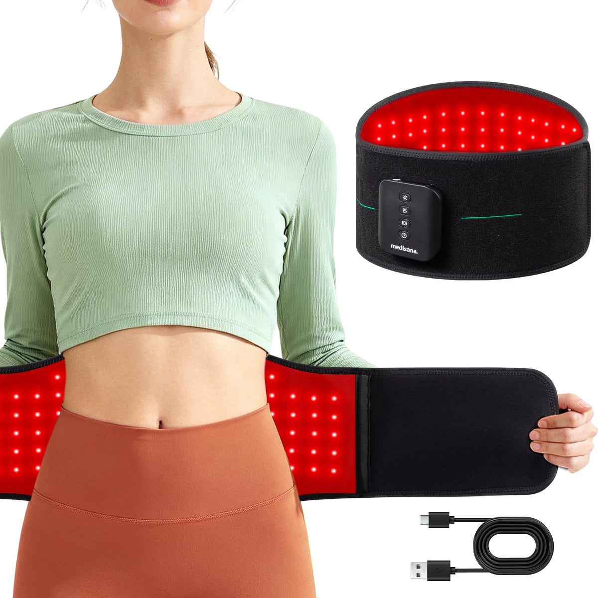 Ceinture Medisana avec lumière rouge 660nm appliquée sur abdomen pour relaxation musculaire.