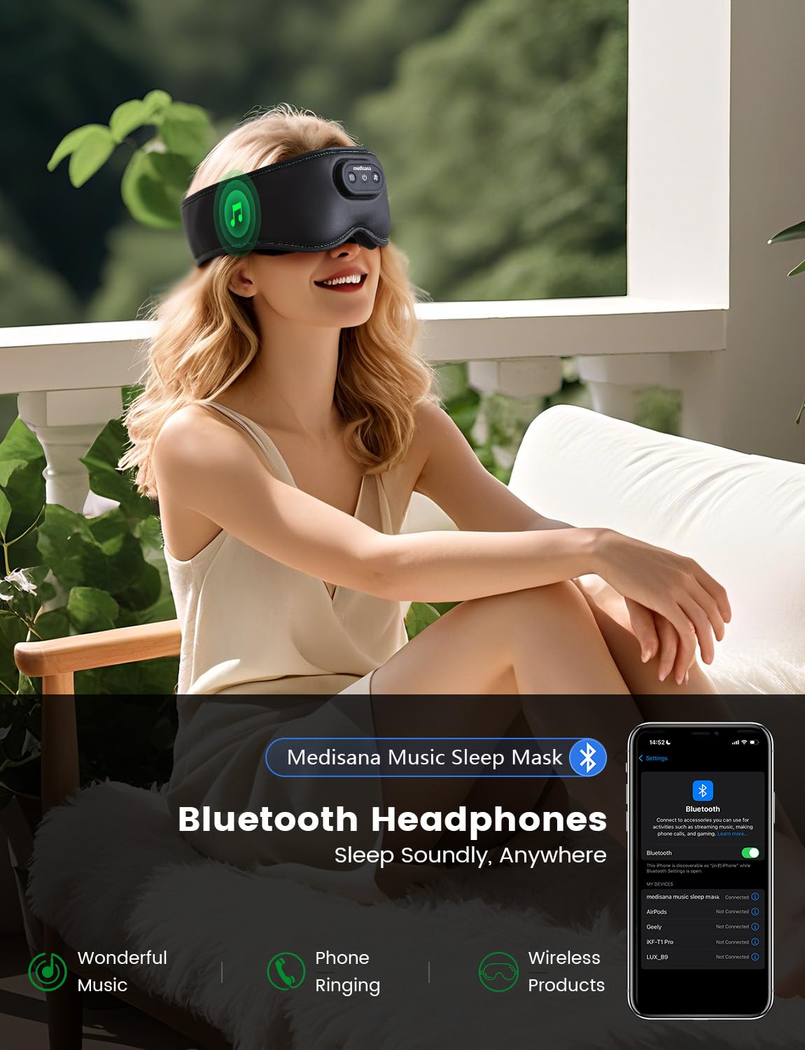 Medisana Masque Yeux Sans Fil: connexion Bluetooth rapide et son clair