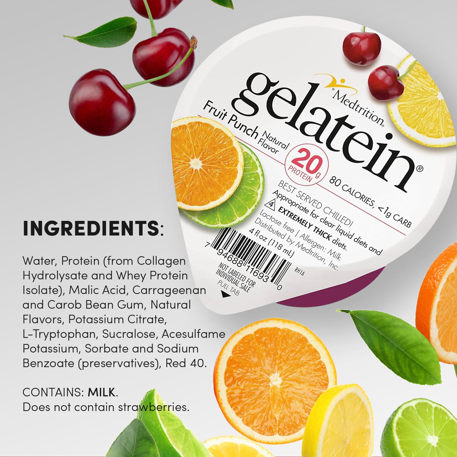 Gelatein Medtrition Fruit Punch cuillère montrant sa concentration protéique élevée.