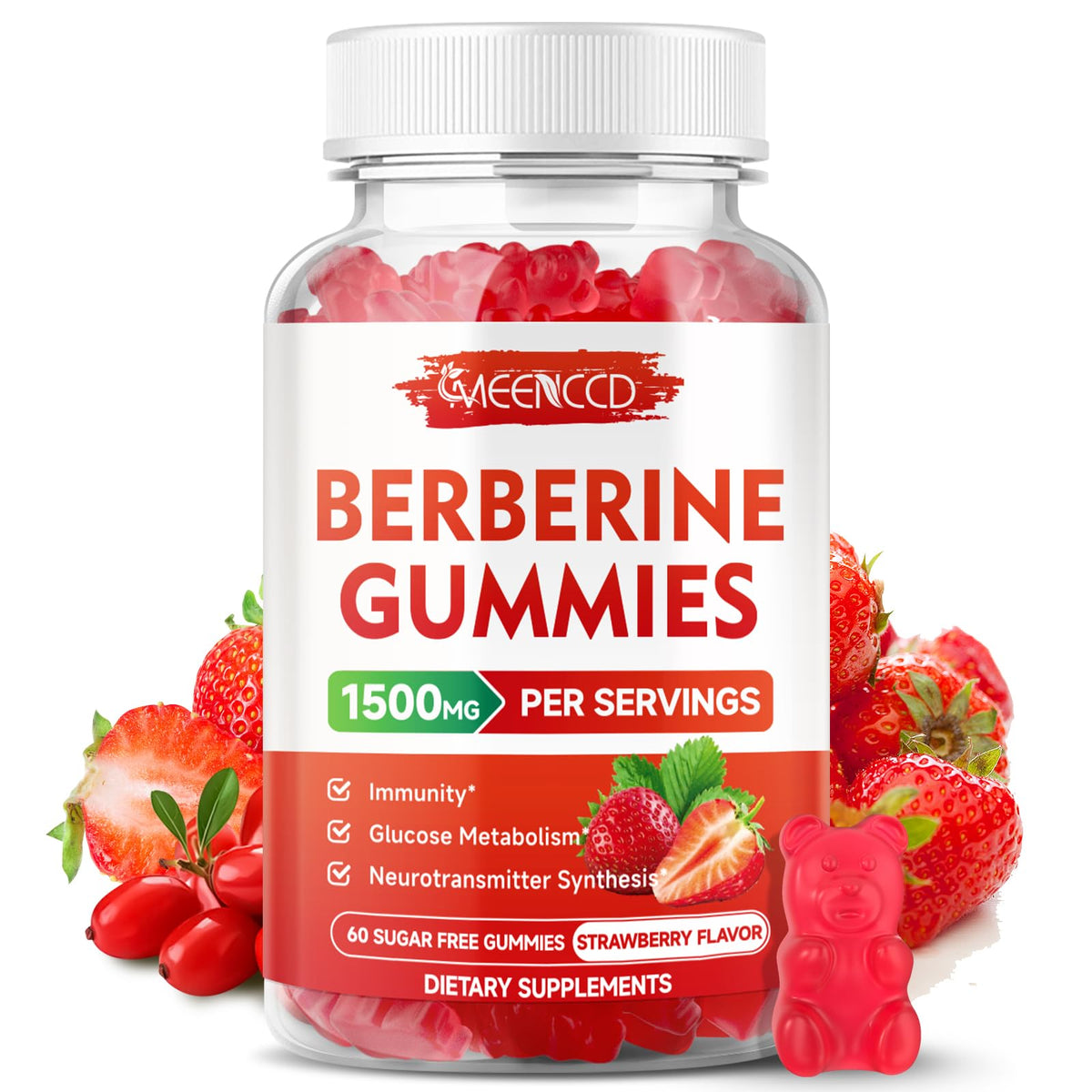 Gommes MEENCCD Berberine en fraise, flacon visible, soutien potentiel à la routine santé.