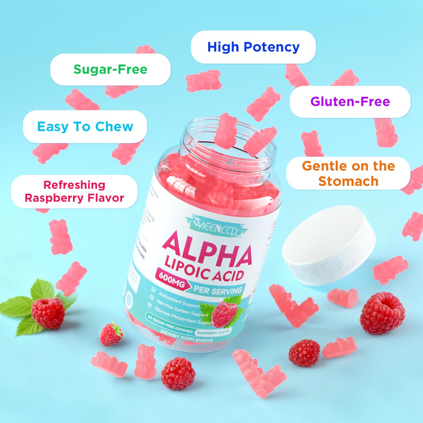 MEENCCD Alpha Lipoic Acid Gummies - emballage écologique et sans sucre ajouté.