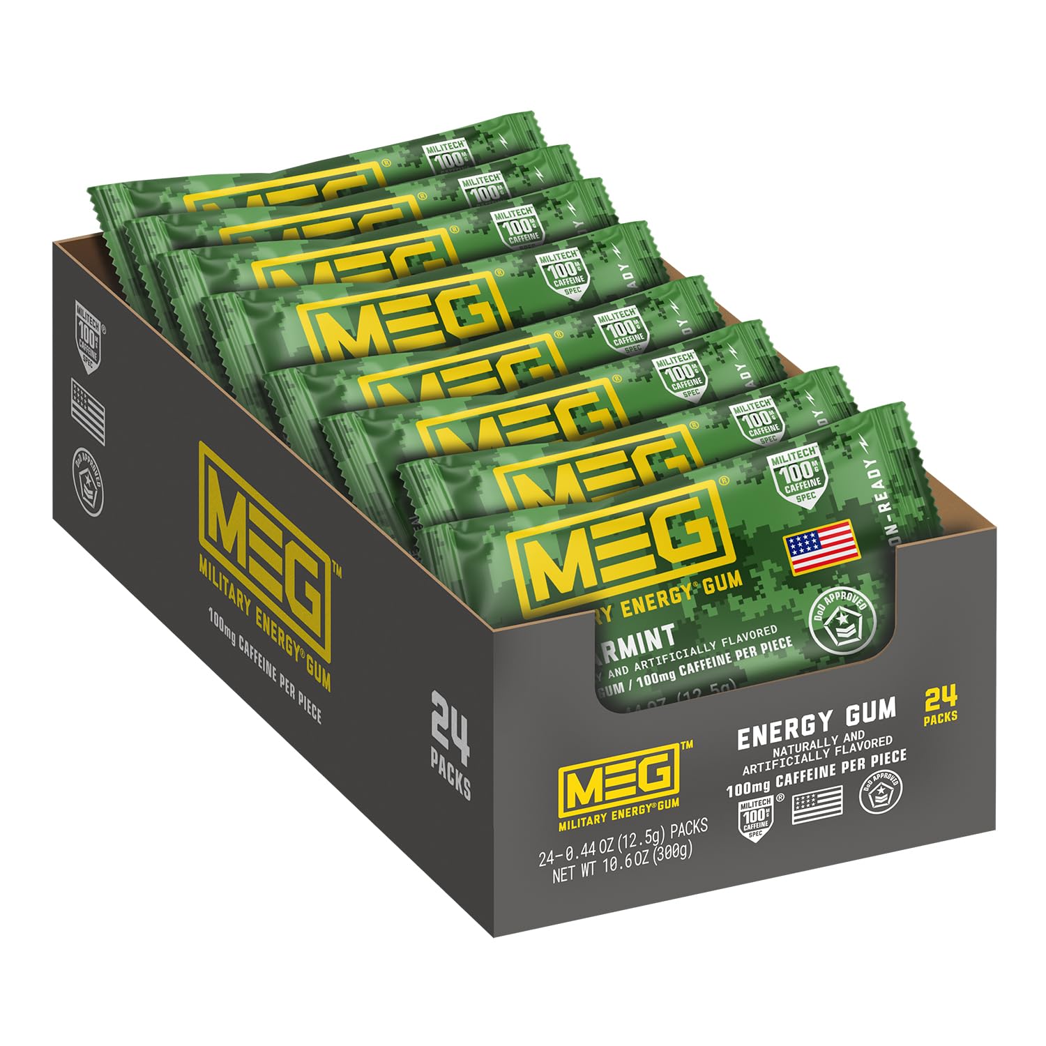 MEG Gomme Énergie Menthe emballage pack 24, pratique et prêt à l'emploi.