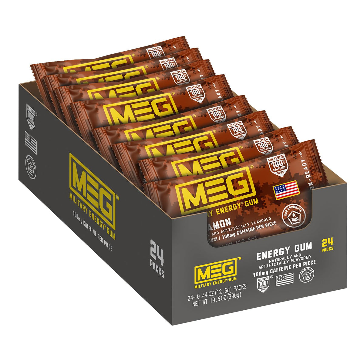 MEG Gomme Cannelle emballage pratique pour énergie rapide avant l’entraînement.