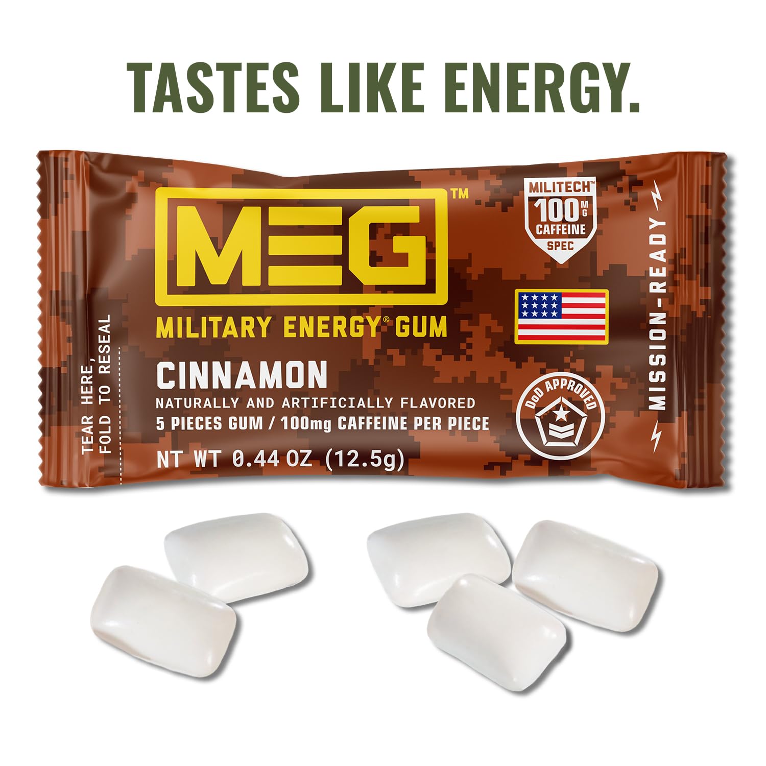 MEG Gomme Cannelle pièce unique avec dose de caféine pour énergie efficace.