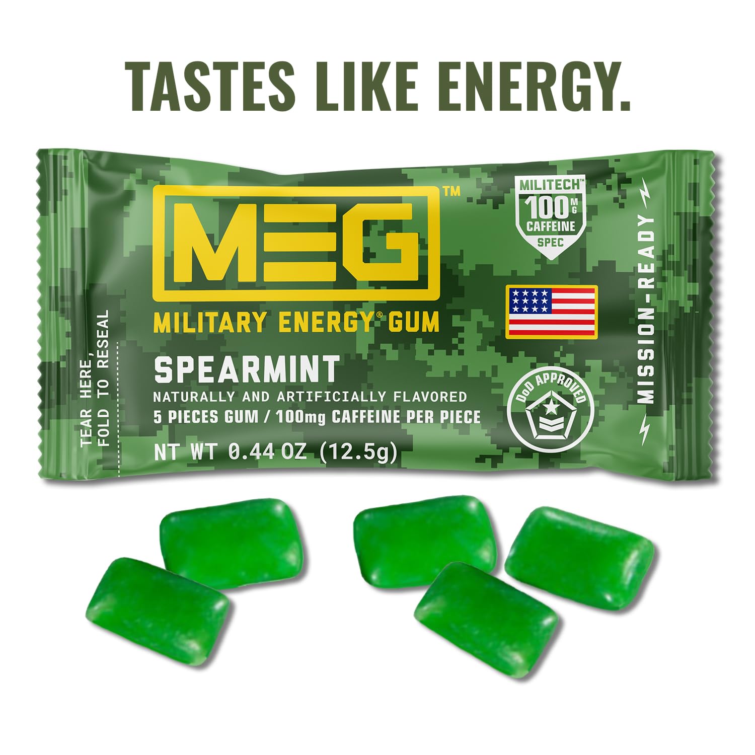 MEG Gomme Menthe pièce unique, 100 mg caféine, absorption rapide.