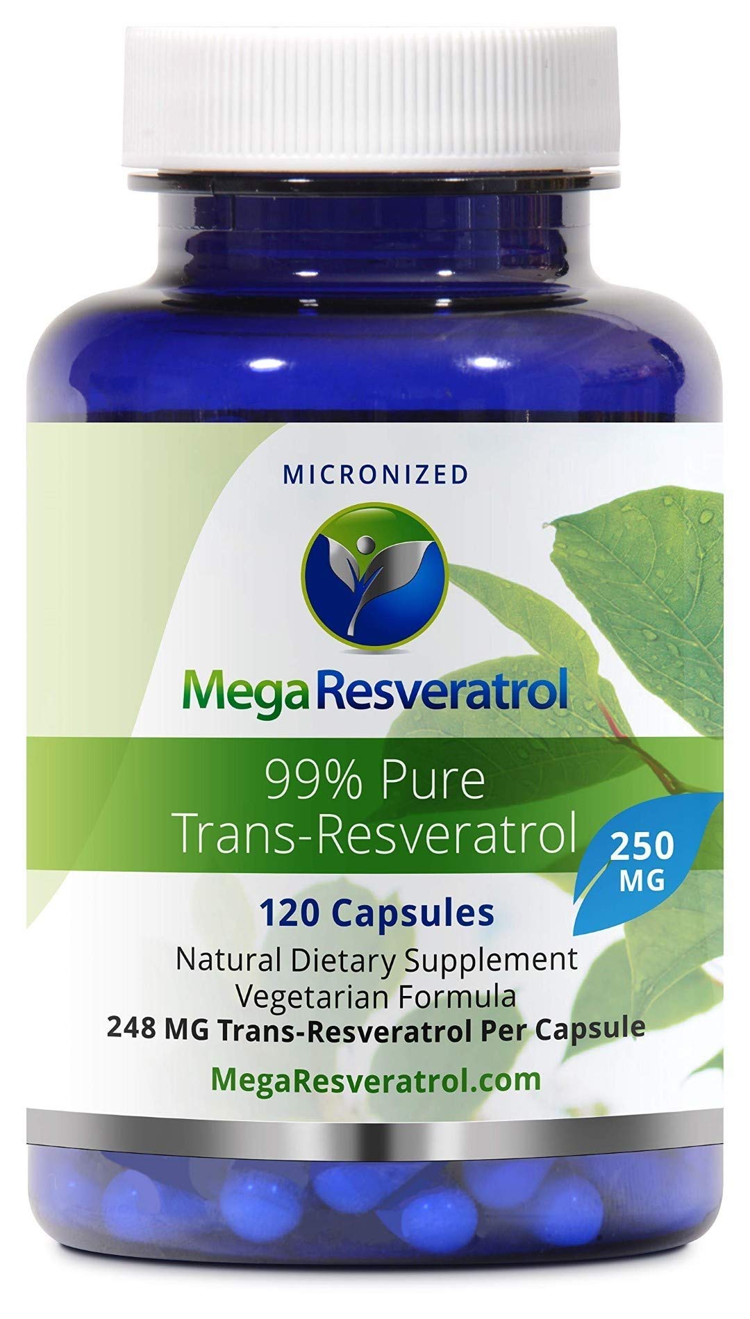 Mega Resveratrol — bouteille de 250 mg avec capsules faciles à prendre.
