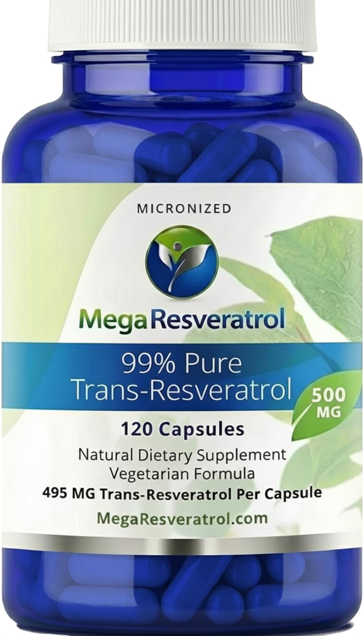 Mega Resveratrol, bouteille 500 mg, pratique pour la routine quotidienne.