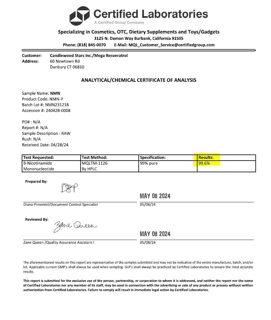 Mega Resveratrol — étiquette pureté 99% pour la qualité.