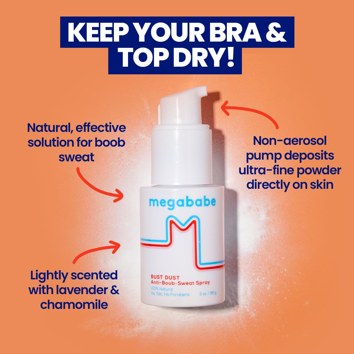 Megababe Poudre absorbante: application ciblée sur les lignes de soutien-gorge.