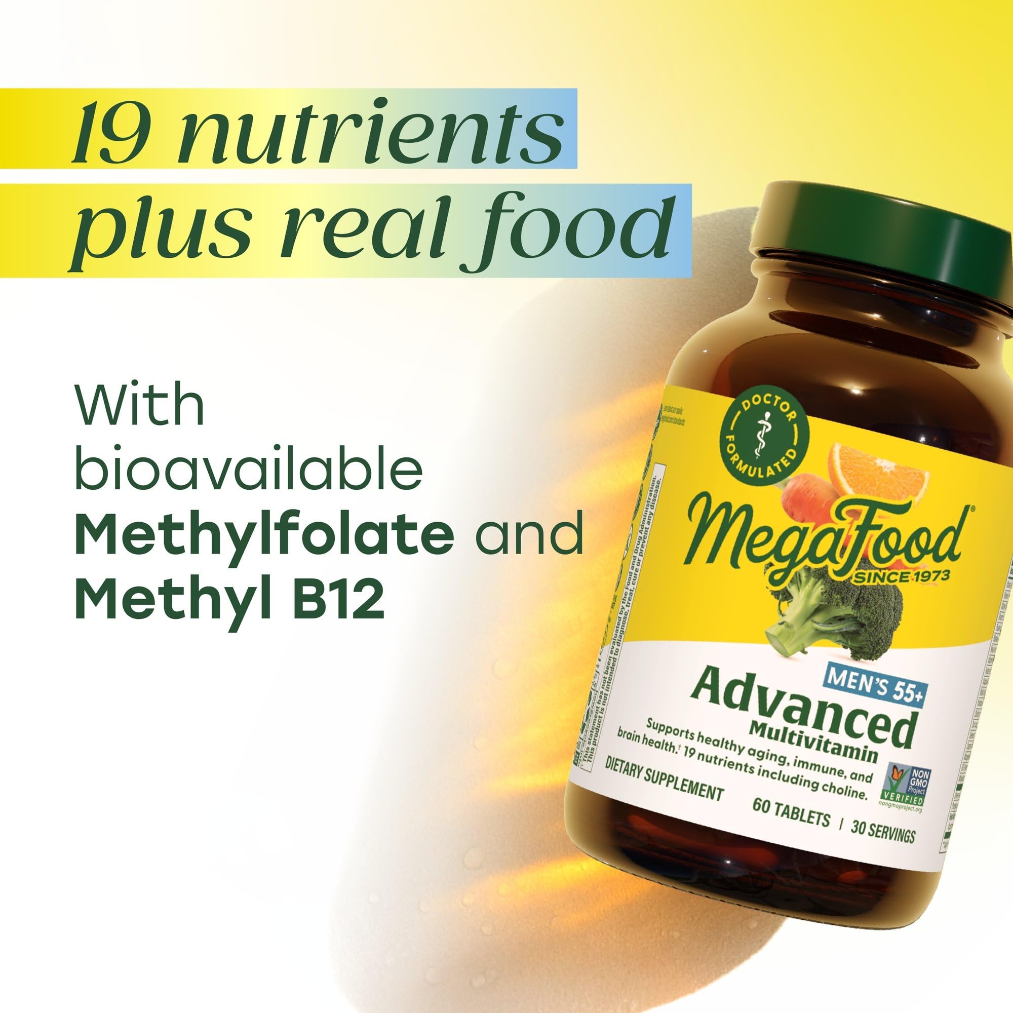 MegaFood Advanced Multivitamin Homme 55+ – tablettes posées: forme et texture visibles.